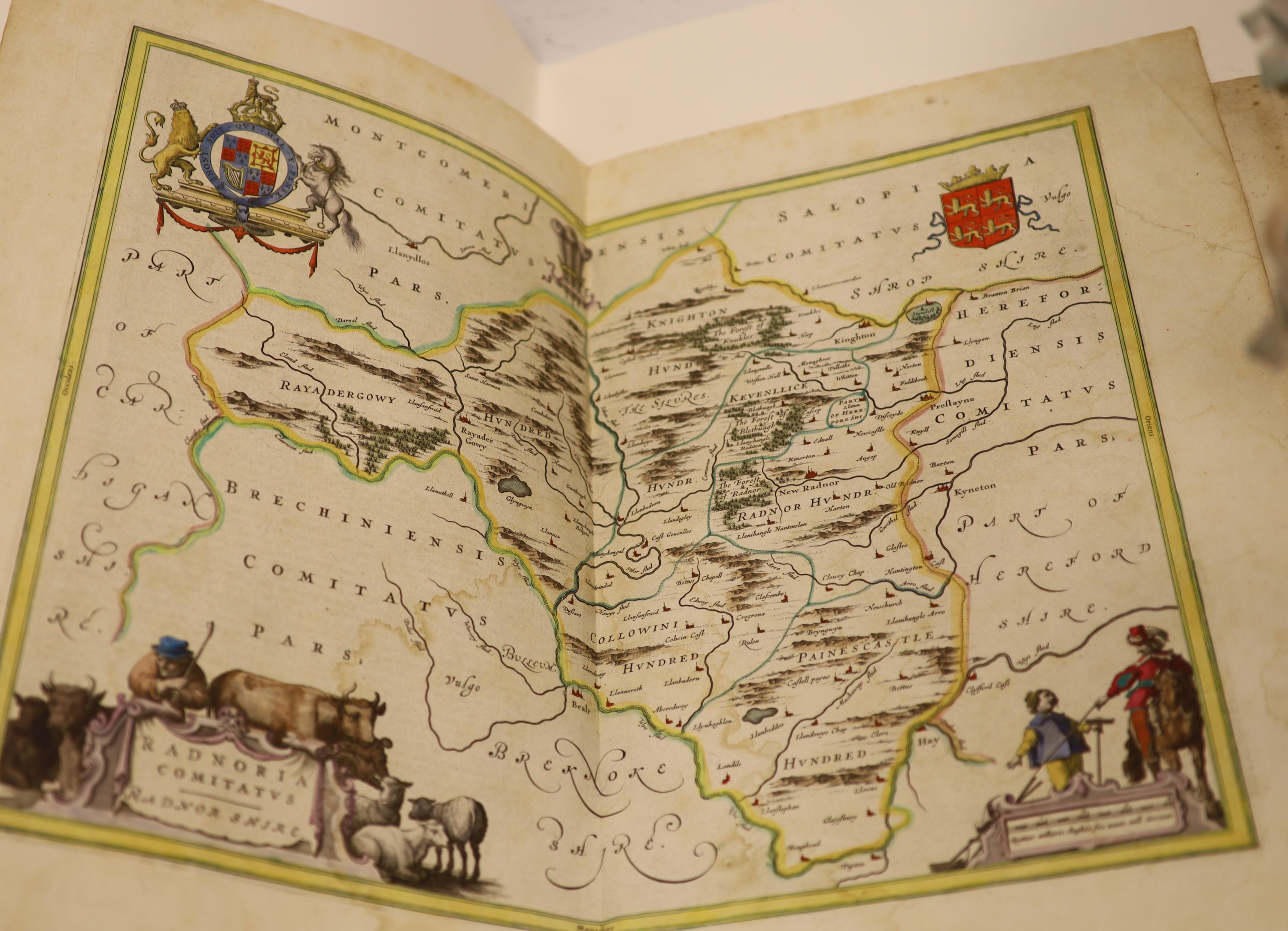 William Blaeu, coloured engraving, Map of Radnoria Cometatus, Radnorshire, 38 x 49.5cm, full margins, German text verso and a map